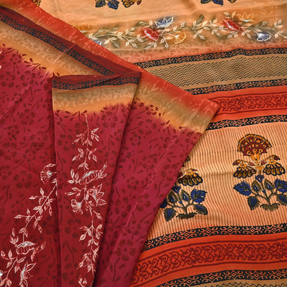 Indian Vintage Sari Multi Pure Crepe Silk Hand Embroidered Saree 6yd Sewing Floral Craft Dress making Crafting Quilting