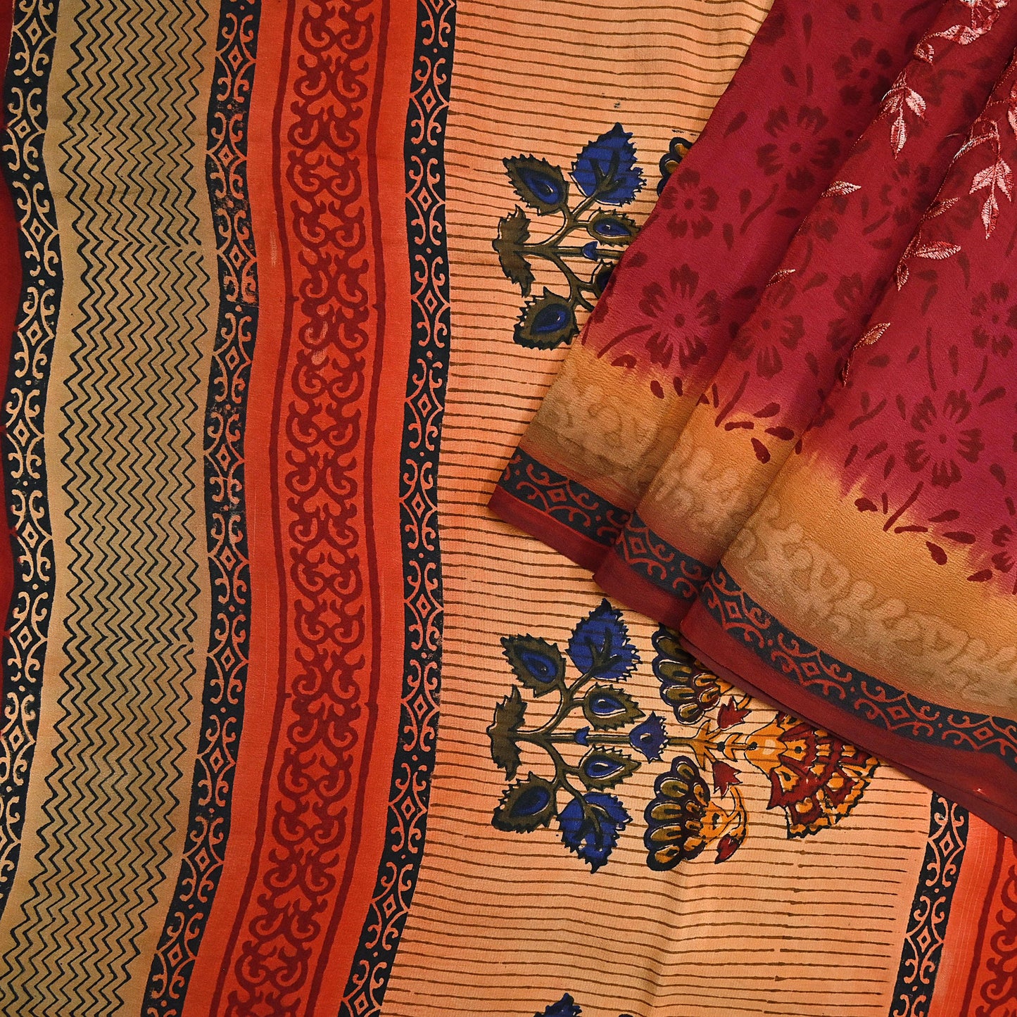 Indian Vintage Sari Multi Pure Crepe Silk Hand Embroidered Saree 6yd Sewing Floral Craft Dress making Crafting Quilting