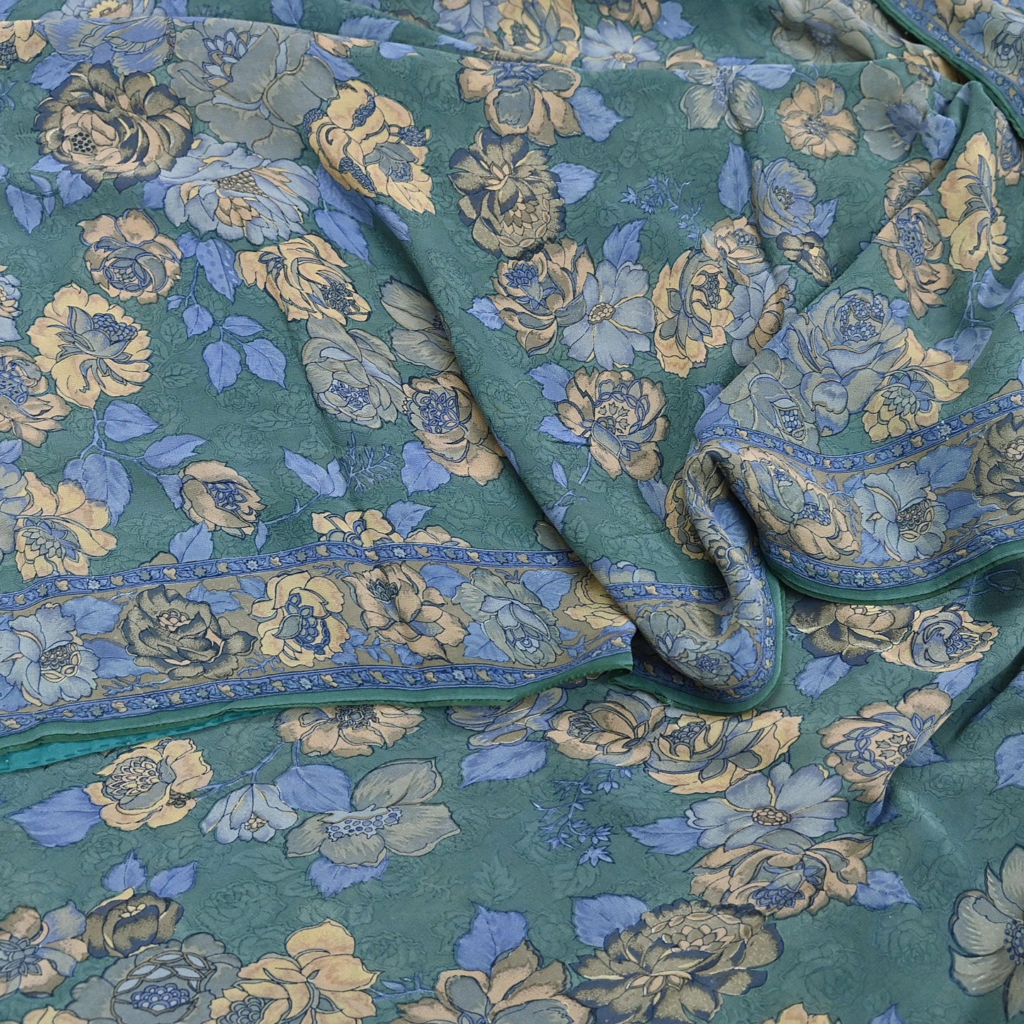 Indian Vintage Sari Green Pure Georgette Silk Printed Saree Craft Fabric Sewing 5Yd Soft Light Dress Making Crafting Quilting Upcycle