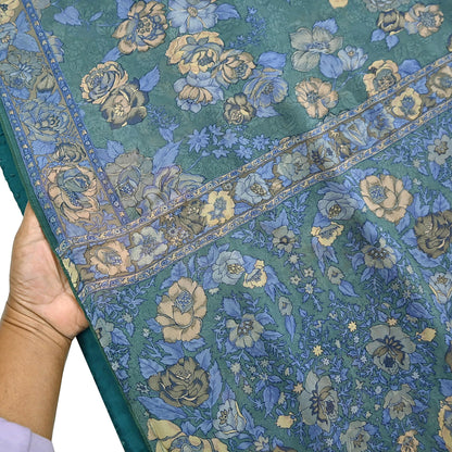 Indian Vintage Sari Green Pure Georgette Silk Printed Saree Craft Fabric Sewing 5Yd Soft Light Dress Making Crafting Quilting Upcycle