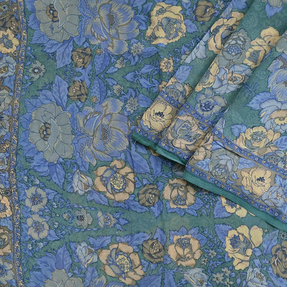 Indian Vintage Sari Green Pure Georgette Silk Printed Saree Craft Fabric Sewing 5Yd Soft Light Dress Making Crafting Quilting Upcycle