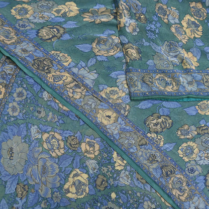 Indian Vintage Sari Green Pure Georgette Silk Printed Saree Craft Fabric Sewing 5Yd Soft Light Dress Making Crafting Quilting Upcycle