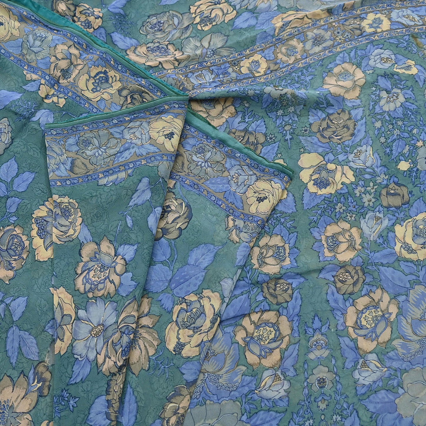 Indian Vintage Sari Green Pure Georgette Silk Printed Saree Craft Fabric Sewing 5Yd Soft Light Dress Making Crafting Quilting Upcycle