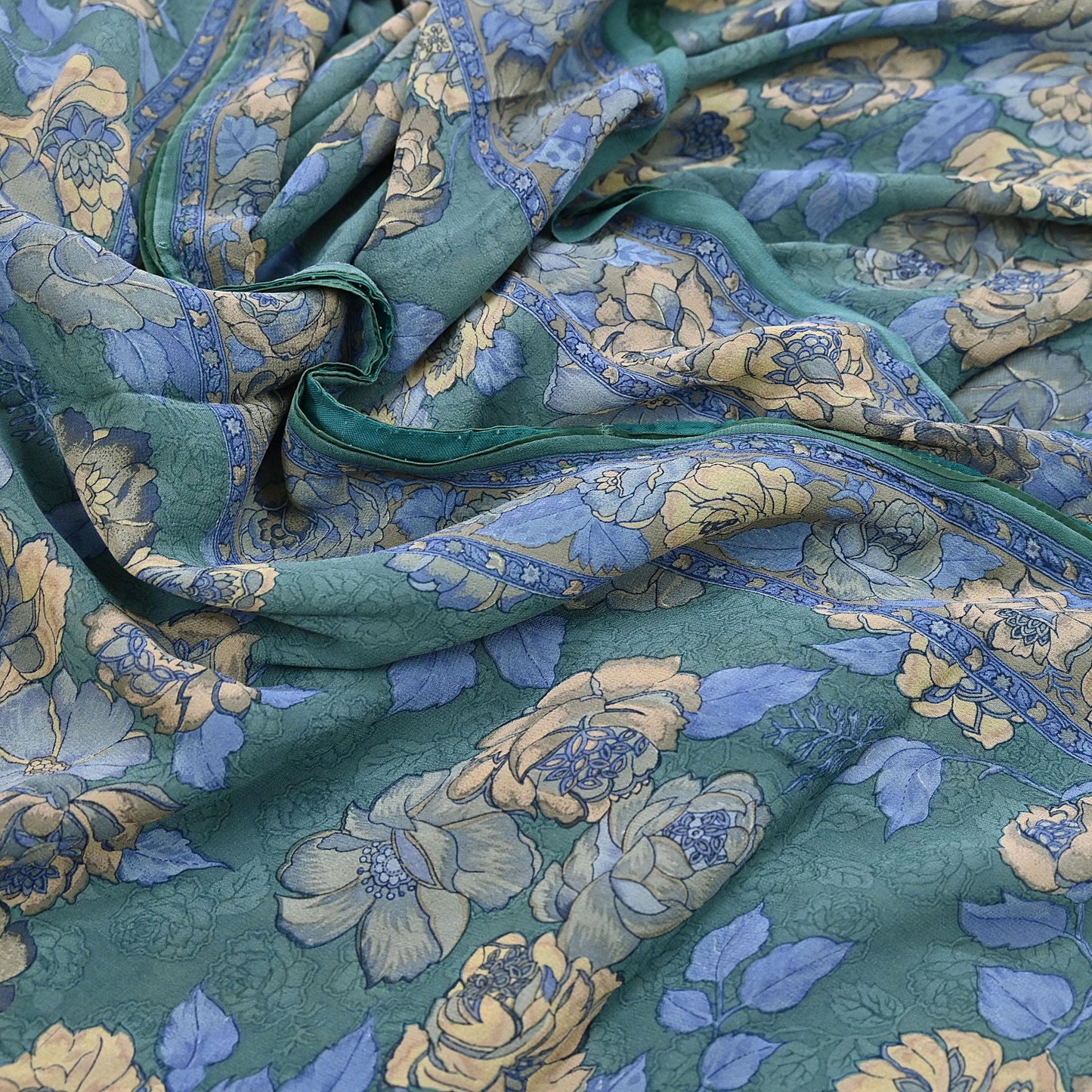 Indian Vintage Sari Green Pure Georgette Silk Printed Saree Craft Fabric Sewing 5Yd Soft Light Dress Making Crafting Quilting Upcycle