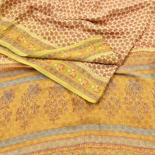 Indian Vintage Sari Beige & green 100% Pure Georgette Silk Printed Sarees Sewing 5yd Craft Soft Dress Designing for Crafting Floral