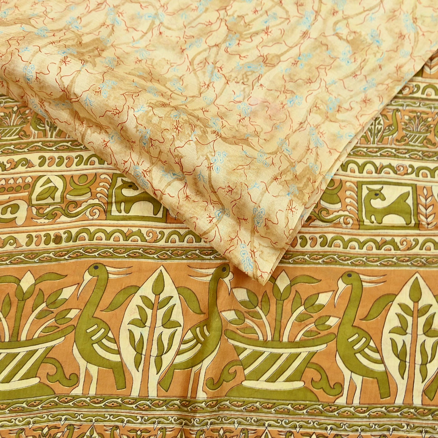 Indian Vintage Sari Beige 100% Pure Silk Printed Sarees 5yd Craft Fabric Sewing Soft Dress Making Floral Quilting Crafting Upcycle