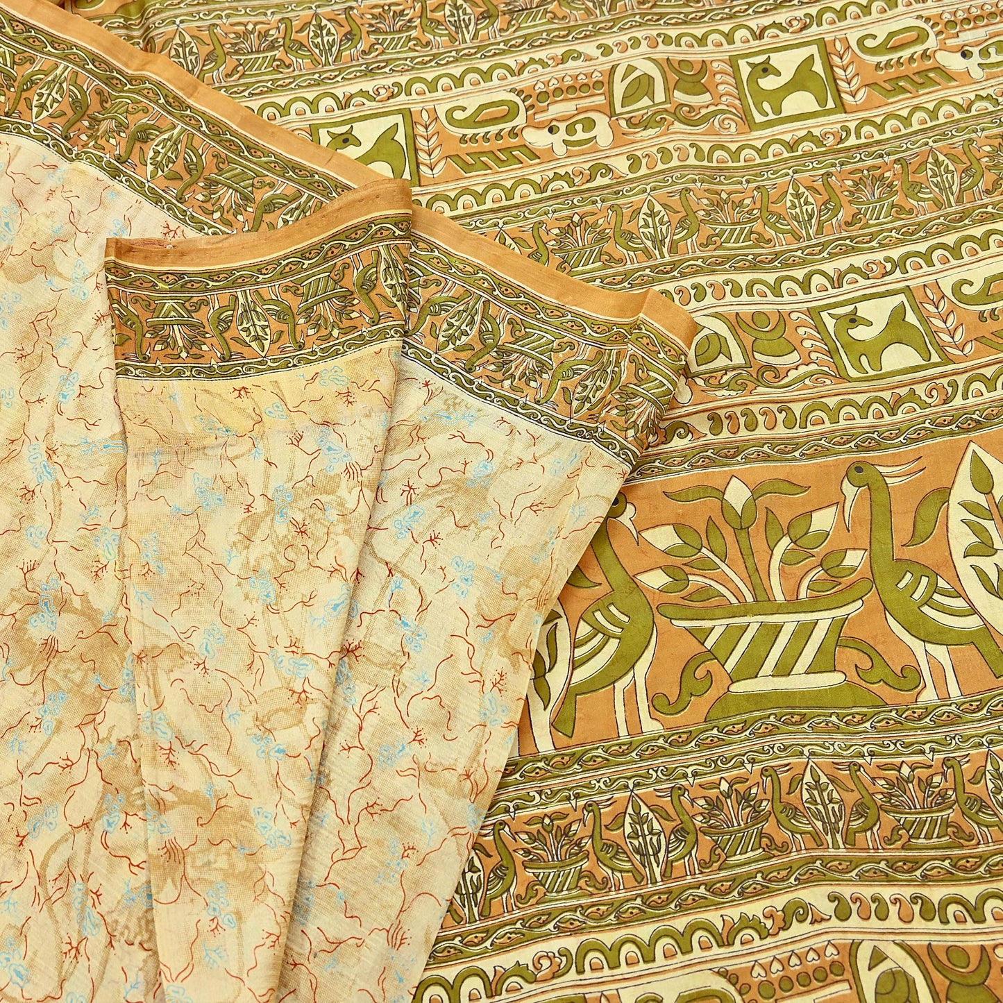 Indian Vintage Sari Beige 100% Pure Silk Printed Sarees 5yd Craft Fabric Sewing Soft Dress Making Floral Quilting Crafting Upcycle