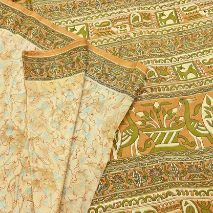 Indian Vintage Sari Beige 100% Pure Silk Printed Sarees 5yd Craft Fabric Sewing Soft Dress Making Floral Quilting Crafting Upcycle