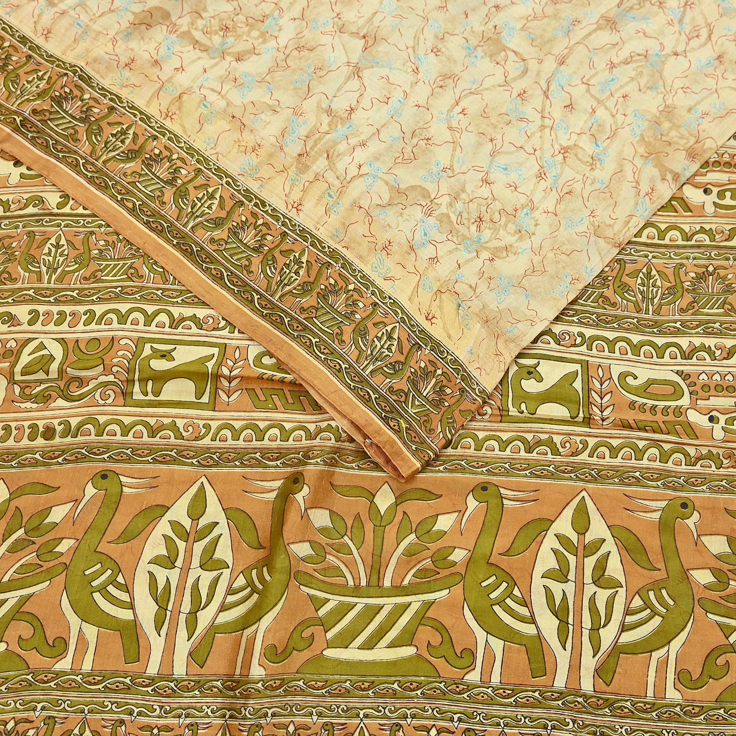 Indian Vintage Sari Beige 100% Pure Silk Printed Sarees 5yd Craft Fabric Sewing Soft Dress Making Floral Quilting Crafting Upcycle