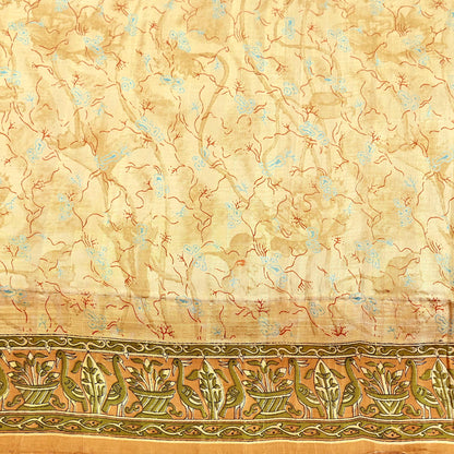 Indian Vintage Sari Beige 100% Pure Silk Printed Sarees 5yd Craft Fabric Sewing Soft Dress Making Floral Quilting Crafting Upcycle