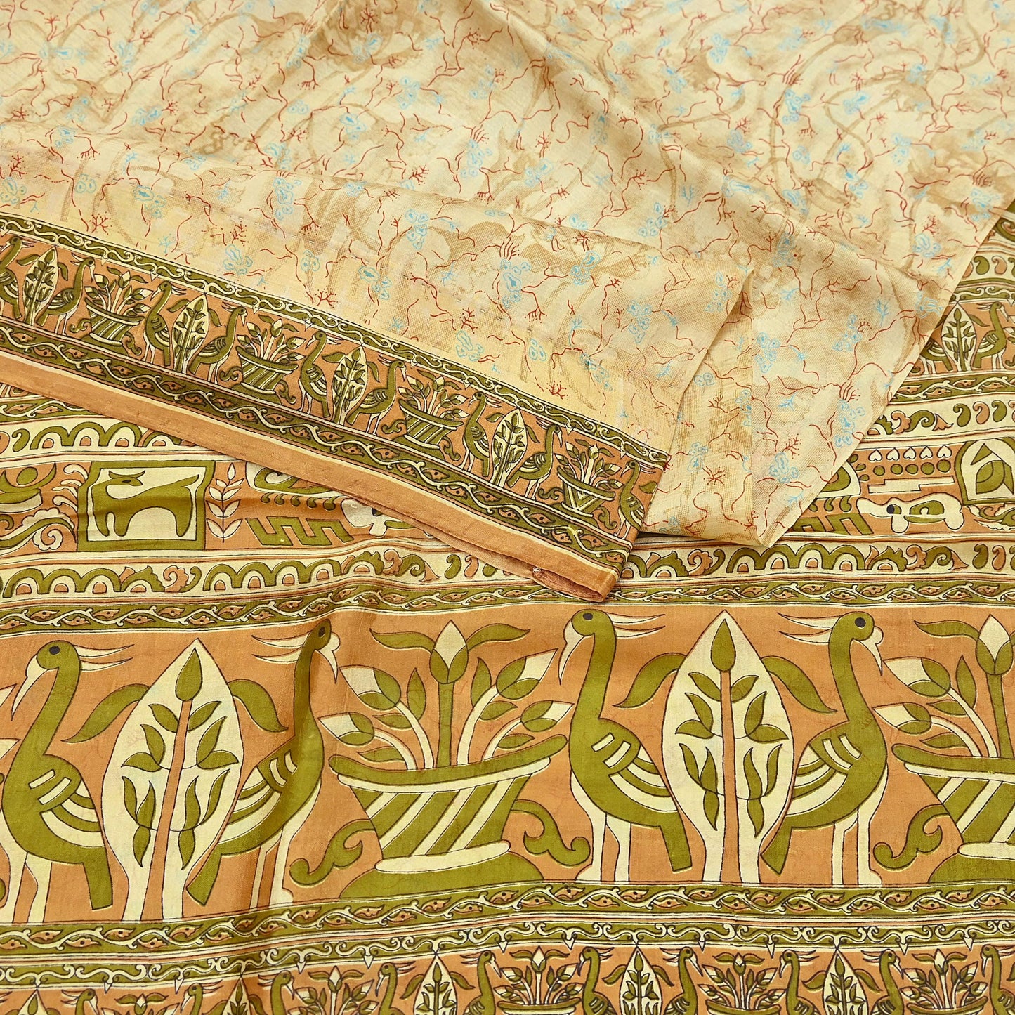 Indian Vintage Sari Beige 100% Pure Silk Printed Sarees 5yd Craft Fabric Sewing Soft Dress Making Floral Quilting Crafting Upcycle