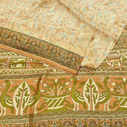 Indian Vintage Sari Beige 100% Pure Silk Printed Sarees 5yd Craft Fabric Sewing Soft Dress Making Floral Quilting Crafting Upcycle