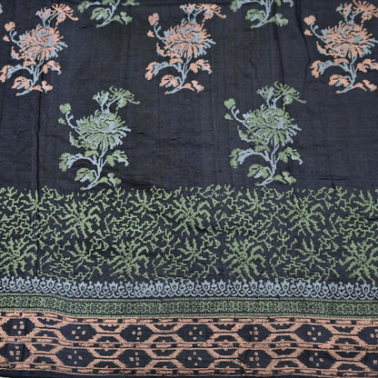 Indian Vintage Sari Black 100% Pure Tussar Silk Hand Painted Sarees 5yd Sewing Craft Fabric Dress Making Soft Woven Border Upcycle Quilting