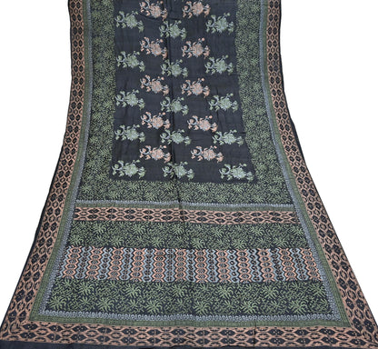 Indian Vintage Sari Black 100% Pure Tussar Silk Hand Painted Sarees 5yd Sewing Craft Fabric Dress Making Soft Woven Border Upcycle Quilting