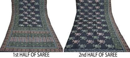 Indian Vintage Sari Black 100% Pure Tussar Silk Hand Painted Sarees 5yd Sewing Craft Fabric Dress Making Soft Woven Border Upcycle Quilting