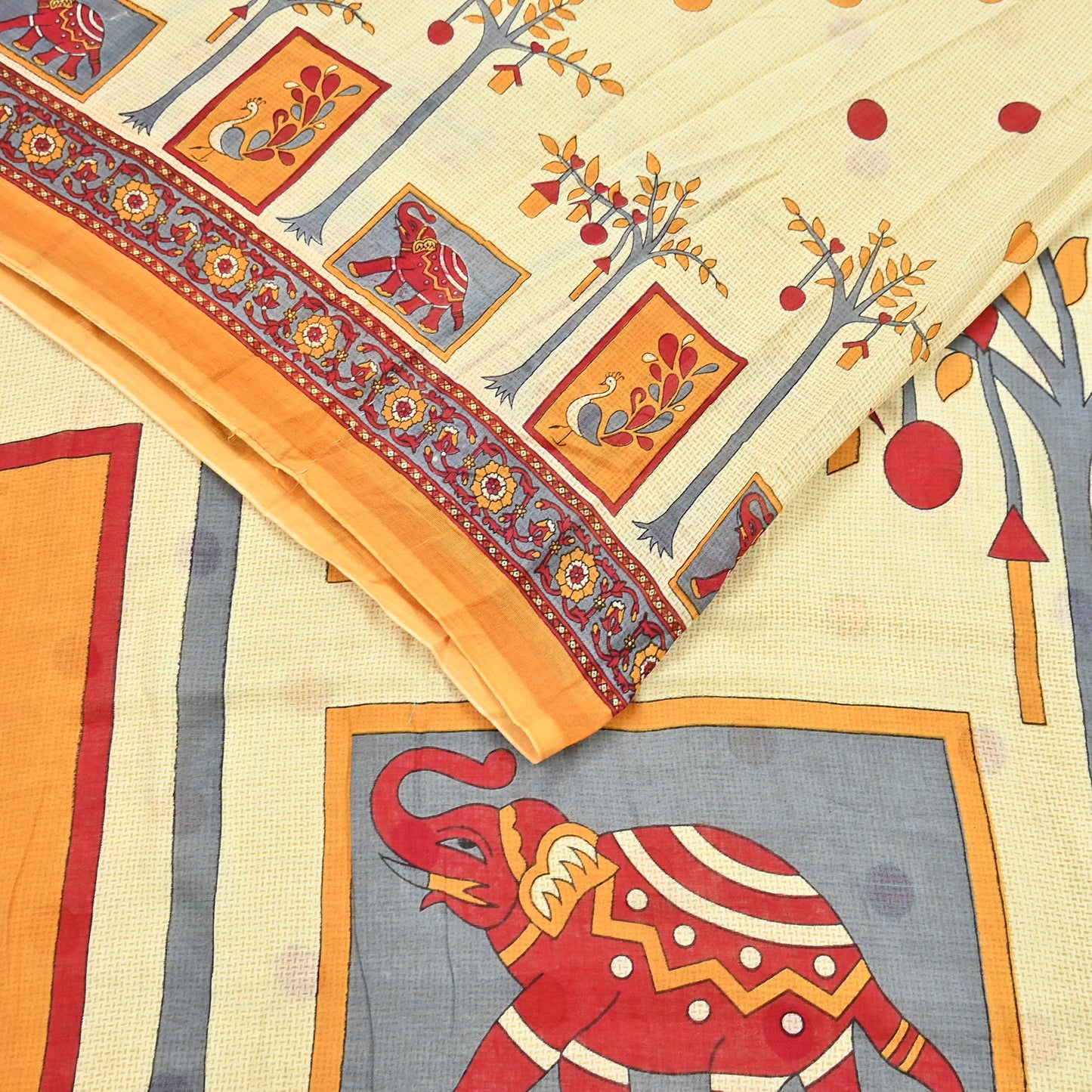 Indian Vintage Sari Ivory Printed 100% Pure Cotton Saree Craft Fabric 5Yd Soft Sewing Sarong Wrap Boho Stripes Dress making Quilting