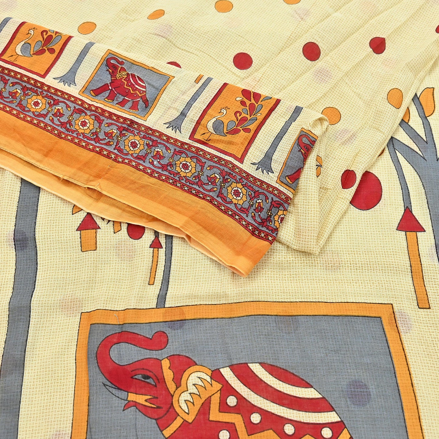 Indian Vintage Sari Ivory Printed 100% Pure Cotton Saree Craft Fabric 5Yd Soft Sewing Sarong Wrap Boho Stripes Dress making Quilting