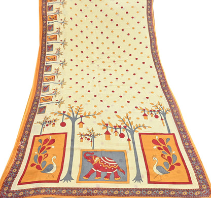 Indian Vintage Sari Ivory Printed 100% Pure Cotton Saree Craft Fabric 5Yd Soft Sewing Sarong Wrap Boho Stripes Dress making Quilting