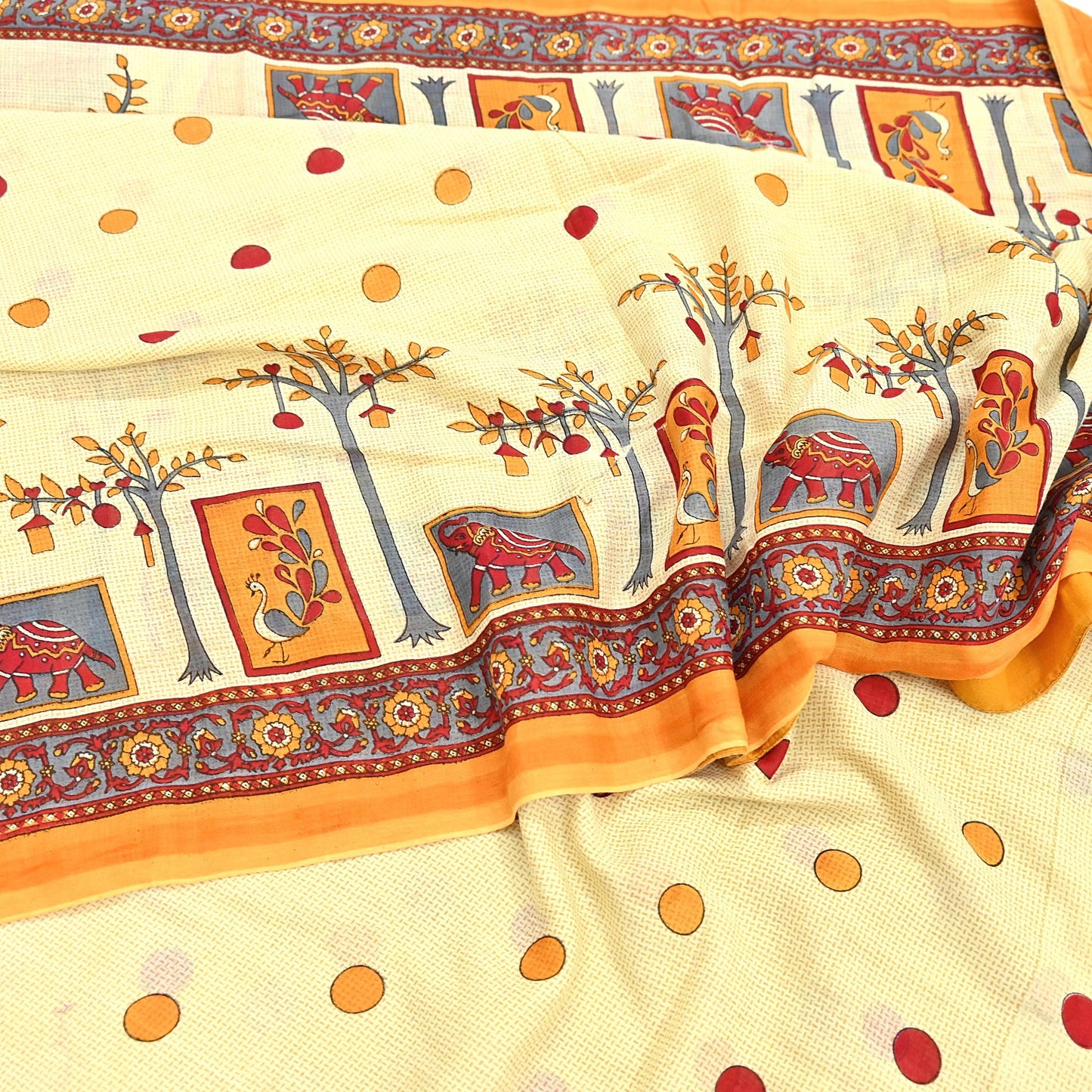 Indian Vintage Sari Ivory Printed 100% Pure Cotton Saree Craft Fabric 5Yd Soft Sewing Sarong Wrap Boho Stripes Dress making Quilting