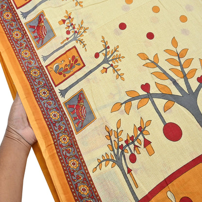 Indian Vintage Sari Ivory Printed 100% Pure Cotton Saree Craft Fabric 5Yd Soft Sewing Sarong Wrap Boho Stripes Dress making Quilting