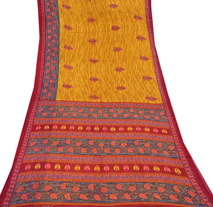Indian Vintage Sari Red & Yellow Printed 100% Pure Cotton Saree Craft Fabric 5Yd Soft Sewing Sarong Wrap Boho Dress making Quilting Upcycle