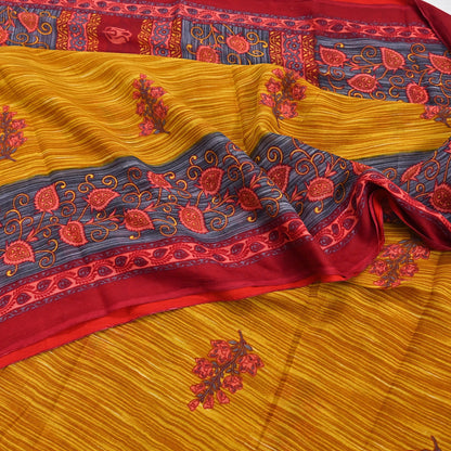 Indian Vintage Sari Red & Yellow Printed 100% Pure Cotton Saree Craft Fabric 5Yd Soft Sewing Sarong Wrap Boho Dress making Quilting Upcycle