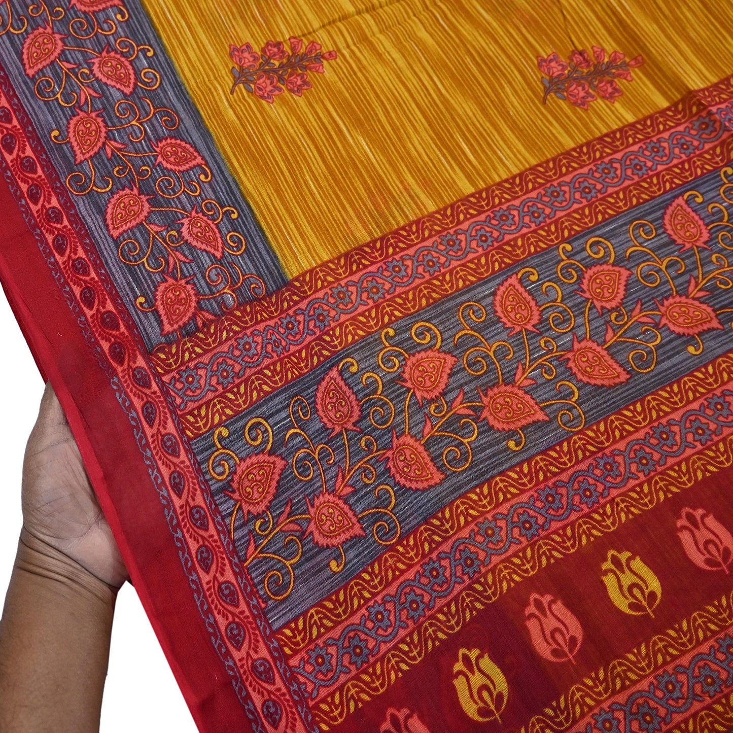 Indian Vintage Sari Red & Yellow Printed 100% Pure Cotton Saree Craft Fabric 5Yd Soft Sewing Sarong Wrap Boho Dress making Quilting Upcycle