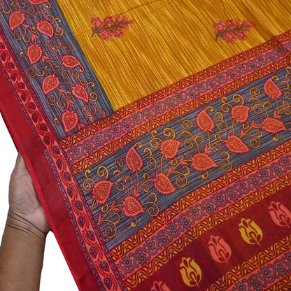 Indian Vintage Sari Red & Yellow Printed 100% Pure Cotton Saree Craft Fabric 5Yd Soft Sewing Sarong Wrap Boho Dress making Quilting Upcycle