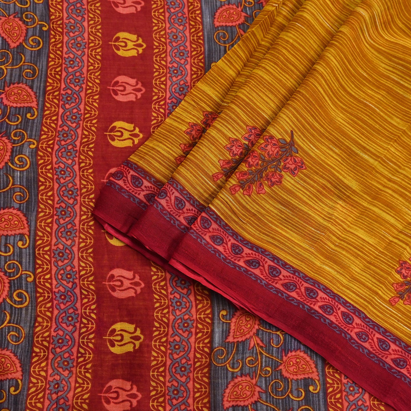 Indian Vintage Sari Red & Yellow Printed 100% Pure Cotton Saree Craft Fabric 5Yd Soft Sewing Sarong Wrap Boho Dress making Quilting Upcycle