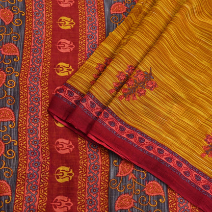 Indian Vintage Sari Red & Yellow Printed 100% Pure Cotton Saree Craft Fabric 5Yd Soft Sewing Sarong Wrap Boho Dress making Quilting Upcycle
