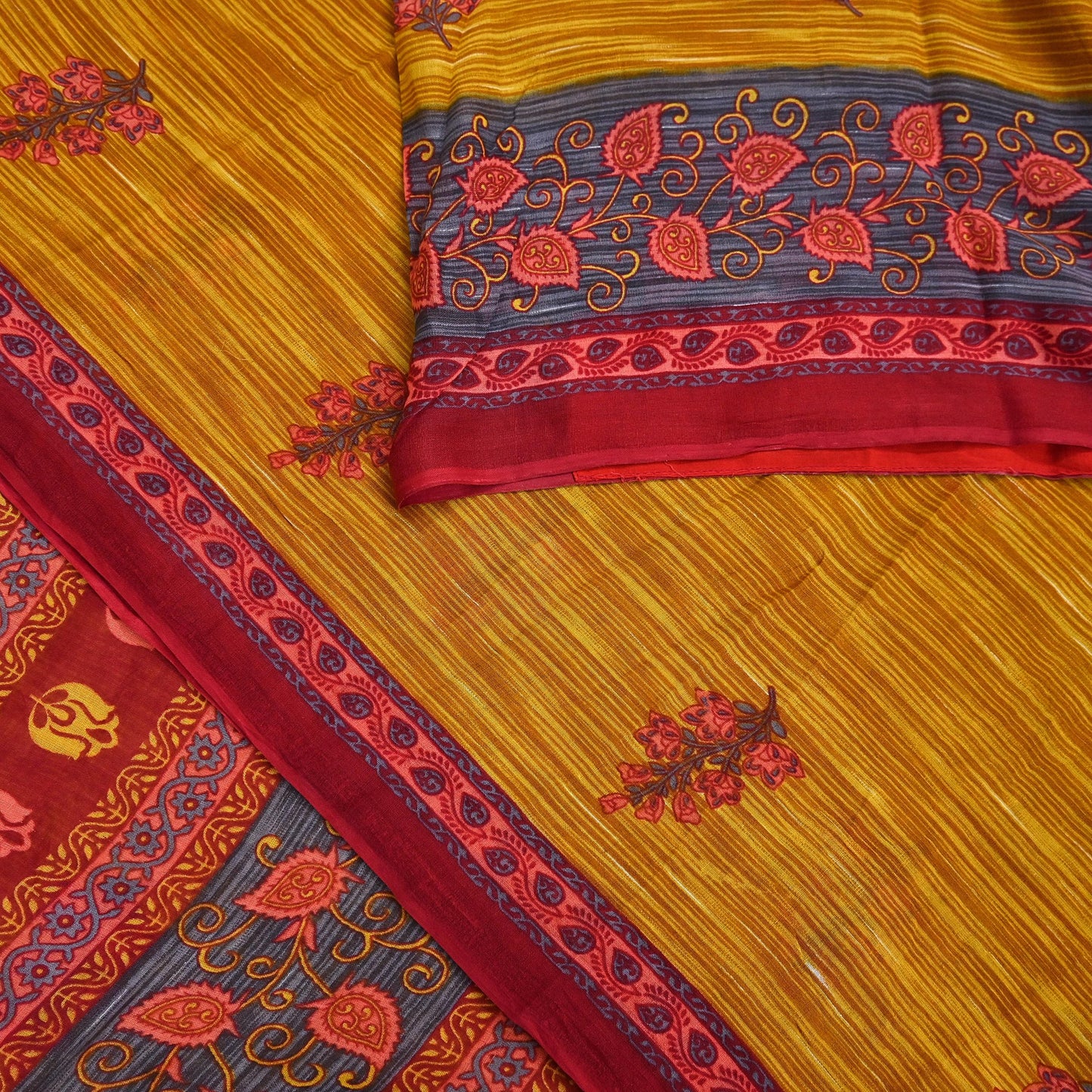 Indian Vintage Sari Red & Yellow Printed 100% Pure Cotton Saree Craft Fabric 5Yd Soft Sewing Sarong Wrap Boho Dress making Quilting Upcycle