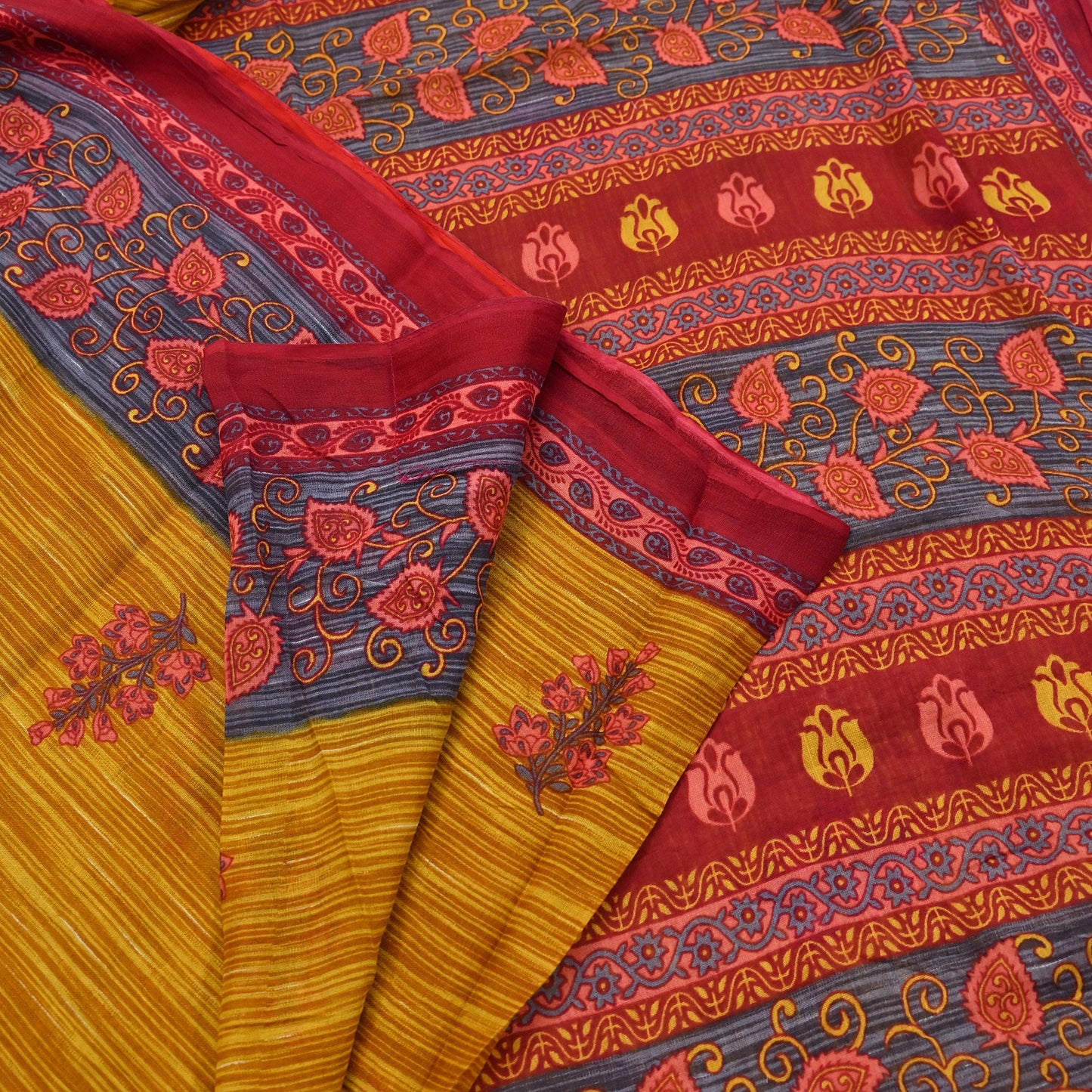 Indian Vintage Sari Red & Yellow Printed 100% Pure Cotton Saree Craft Fabric 5Yd Soft Sewing Sarong Wrap Boho Dress making Quilting Upcycle