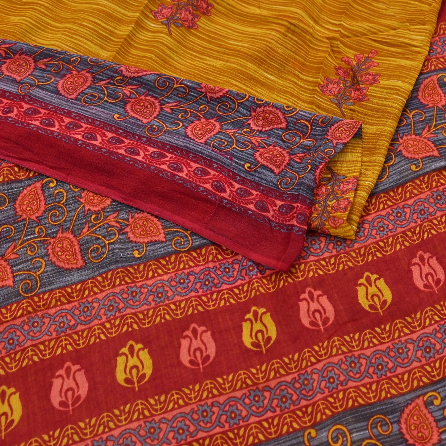 Indian Vintage Sari Red & Yellow Printed 100% Pure Cotton Saree Craft Fabric 5Yd Soft Sewing Sarong Wrap Boho Dress making Quilting Upcycle