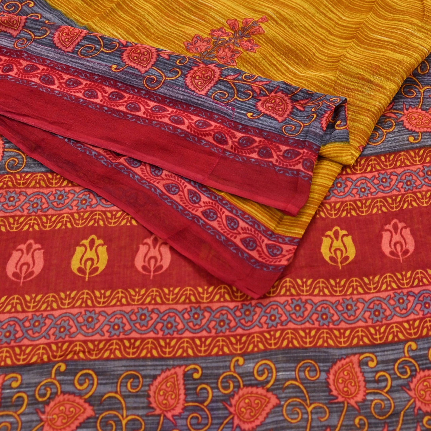 Indian Vintage Sari Red & Yellow Printed 100% Pure Cotton Saree Craft Fabric 5Yd Soft Sewing Sarong Wrap Boho Dress making Quilting Upcycle