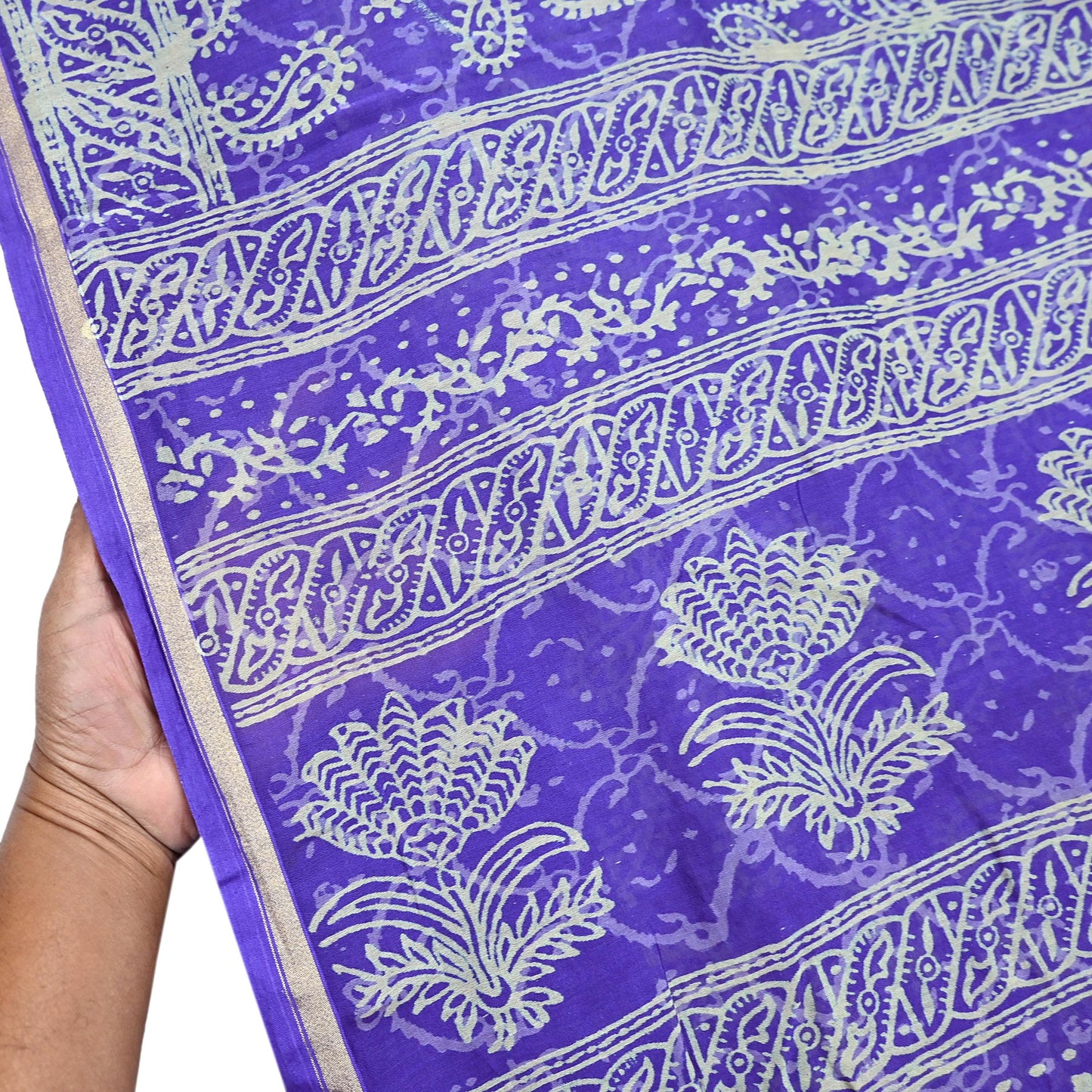 Indian Vintage Saree Purple Bagru Printed Sari Pure Chanderi Silk Sari Fabric 5Yard Floral Soft Golden Zari