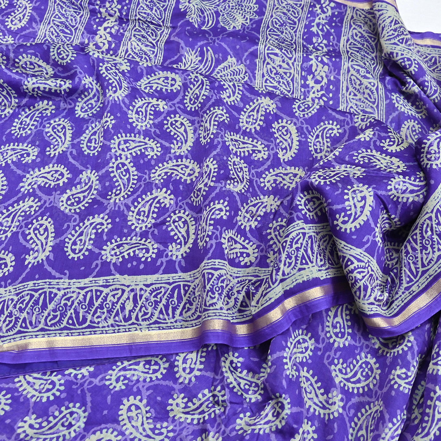 Indian Vintage Saree Purple Bagru Printed Sari Pure Chanderi Silk Sari Fabric 5Yard Floral Soft Golden Zari