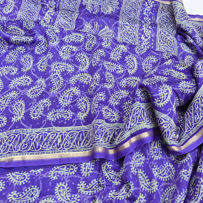 Indian Vintage Saree Purple Bagru Printed Sari Pure Chanderi Silk Sari Fabric 5Yard Floral Soft Golden Zari