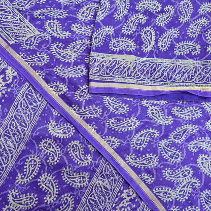 Indian Vintage Saree Purple Bagru Printed Sari Pure Chanderi Silk Sari Fabric 5Yard Floral Soft Golden Zari