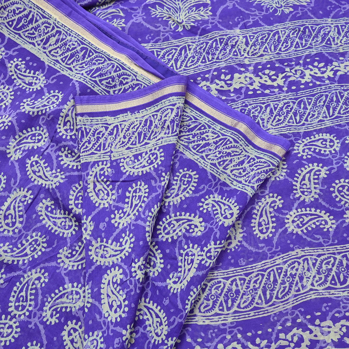 Indian Vintage Saree Purple Bagru Printed Sari Pure Chanderi Silk Sari Fabric 5Yard Floral Soft Golden Zari