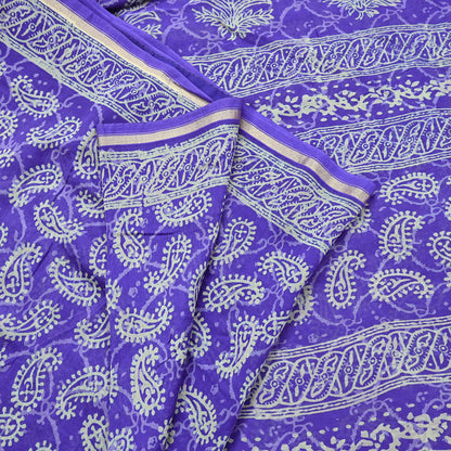 Indian Vintage Saree Purple Bagru Printed Sari Pure Chanderi Silk Sari Fabric 5Yard Floral Soft Golden Zari