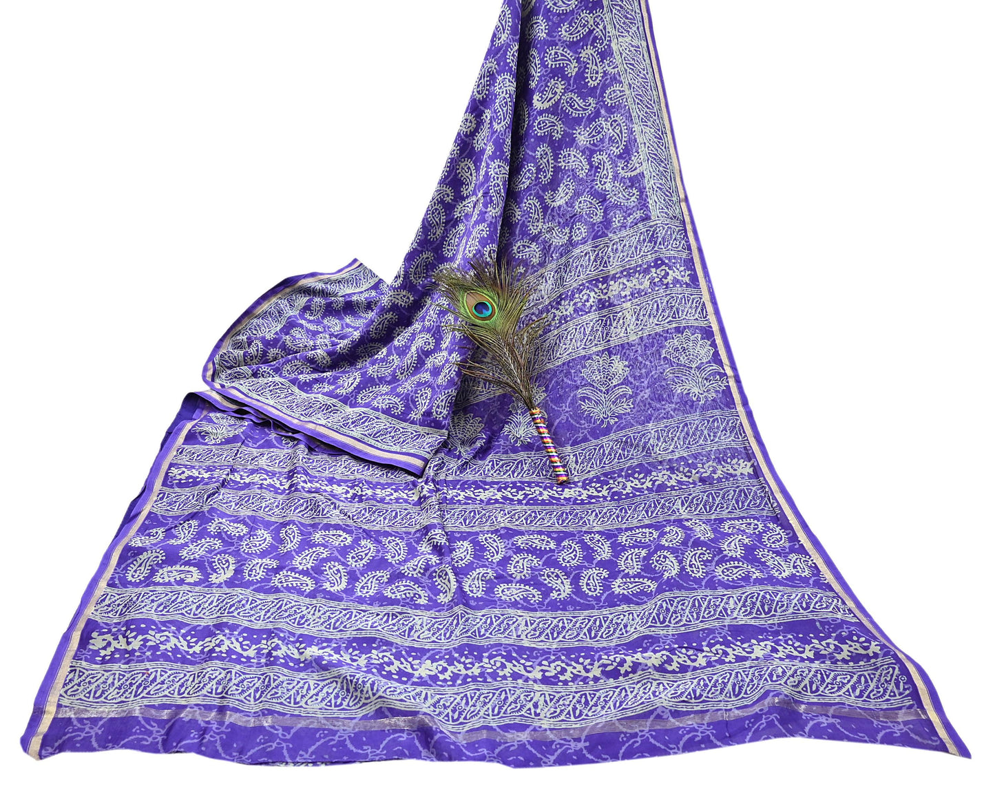 Indian Vintage Saree Purple Bagru Printed Sari Pure Chanderi Silk Sari Fabric 5Yard Floral Soft Golden Zari