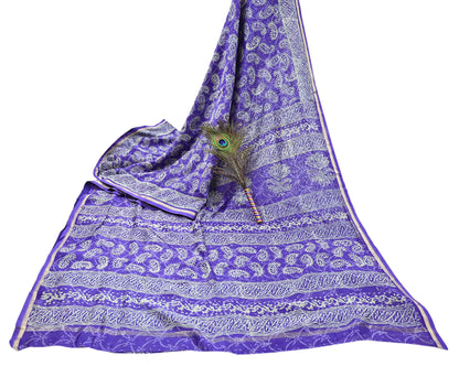 Indian Vintage Saree Purple Bagru Printed Sari Pure Chanderi Silk Sari Fabric 5Yard Floral Soft Golden Zari