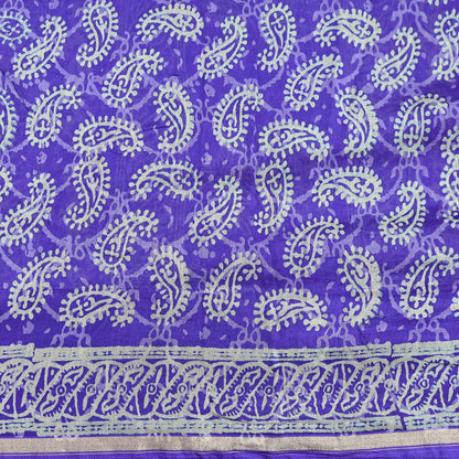Indian Vintage Saree Purple Bagru Printed Sari Pure Chanderi Silk Sari Fabric 5Yard Floral Soft Golden Zari