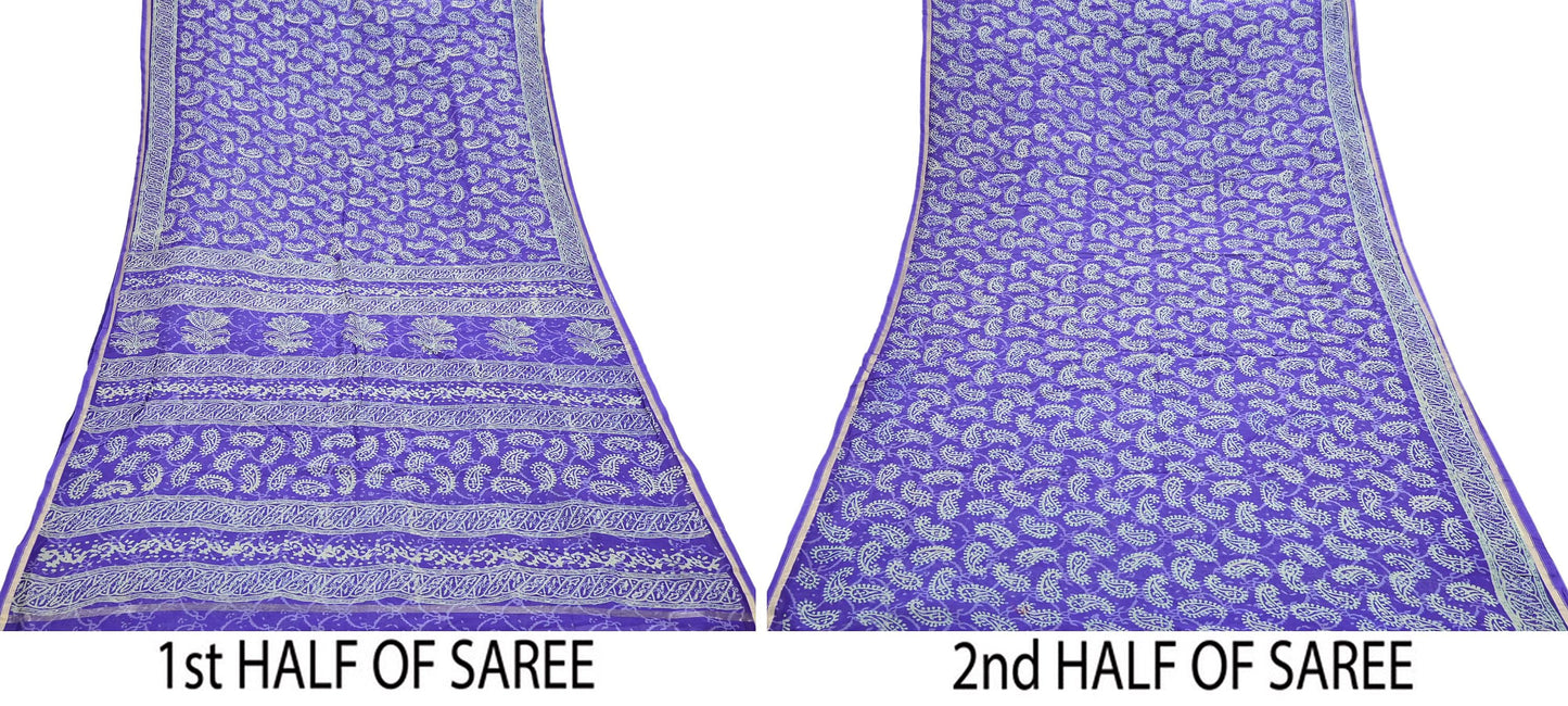 Indian Vintage Saree Purple Bagru Printed Sari Pure Chanderi Silk Sari Fabric 5Yard Floral Soft Golden Zari