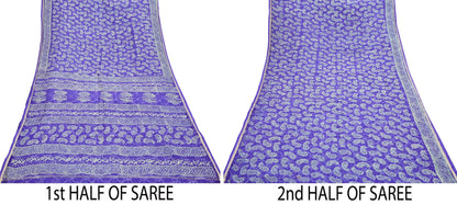 Indian Vintage Saree Purple Bagru Printed Sari Pure Chanderi Silk Sari Fabric 5Yard Floral Soft Golden Zari