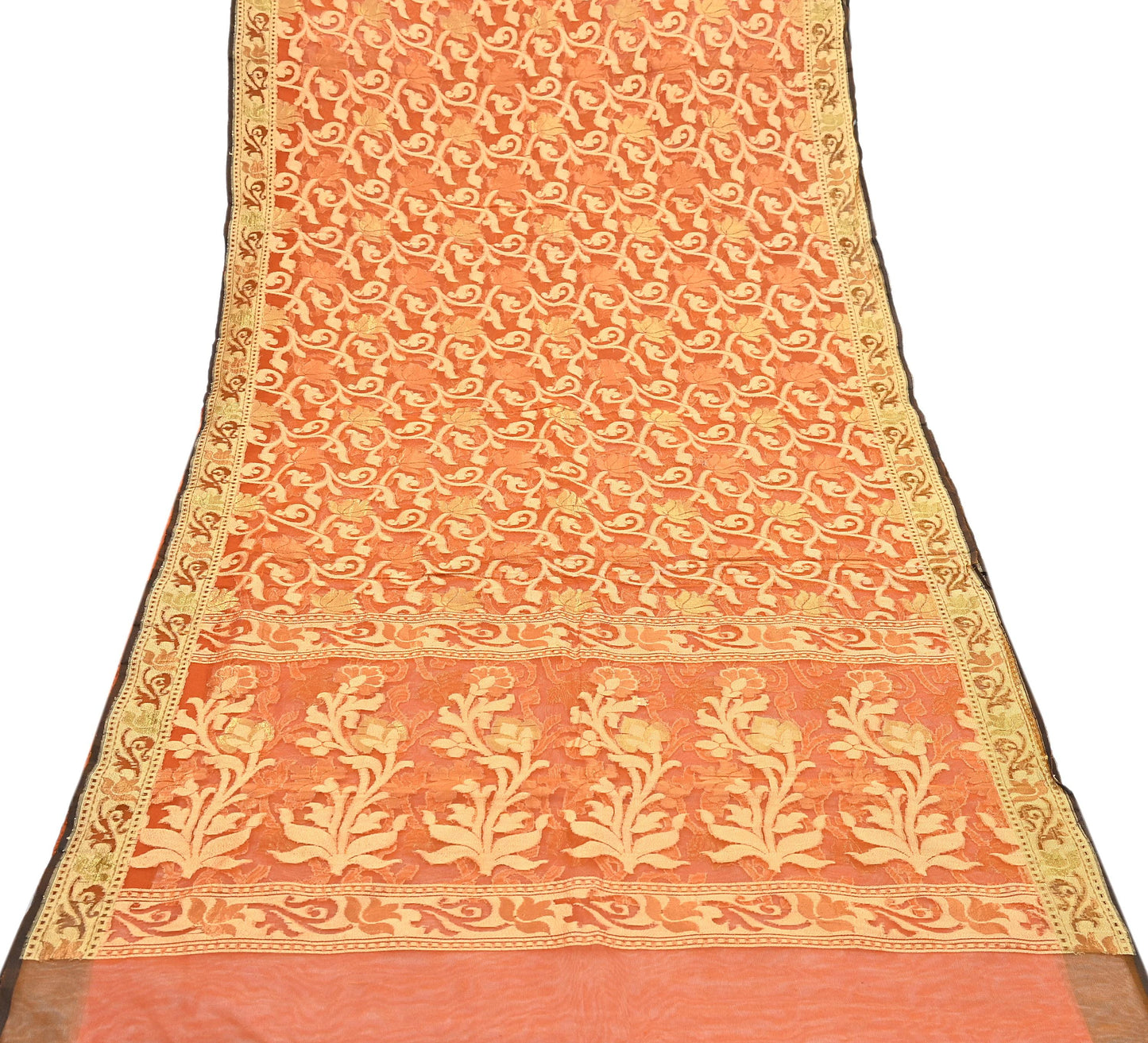 Indian Vintage Sari Orange Artificial Silk Hand Woven Sarees 5yd Ethnic Floral Craft Fabric Sewing Wedding Sarees Dress making Crafting
