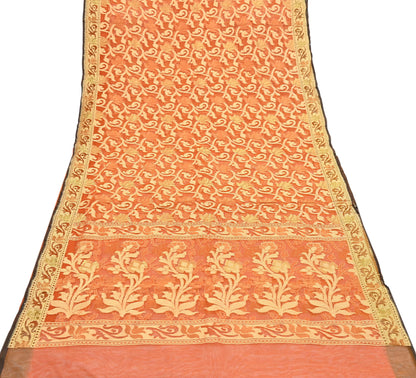 Indian Vintage Sari Orange Artificial Silk Hand Woven Sarees 5yd Ethnic Floral Craft Fabric Sewing Wedding Sarees Dress making Crafting