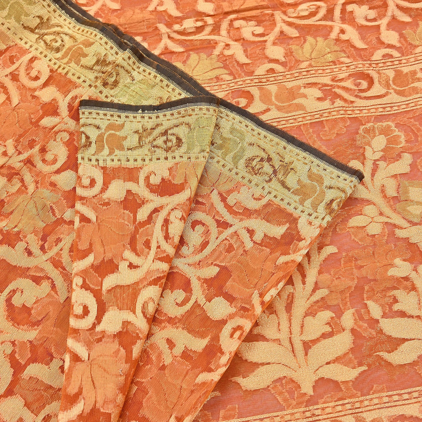 Indian Vintage Sari Orange Artificial Silk Hand Woven Sarees 5yd Ethnic Floral Craft Fabric Sewing Wedding Sarees Dress making Crafting