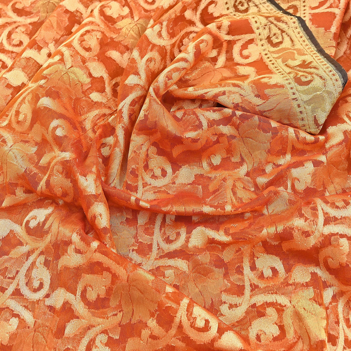 Indian Vintage Sari Orange Artificial Silk Hand Woven Sarees 5yd Ethnic Floral Craft Fabric Sewing Wedding Sarees Dress making Crafting
