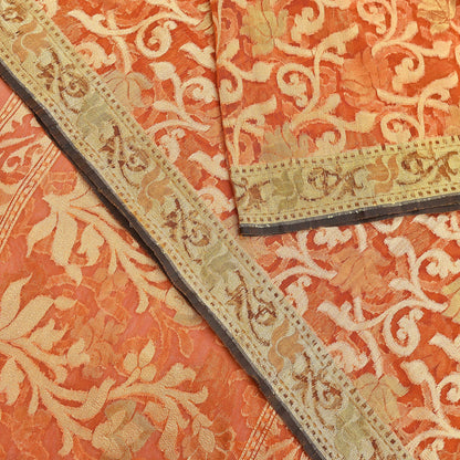 Indian Vintage Sari Orange Artificial Silk Hand Woven Sarees 5yd Ethnic Floral Craft Fabric Sewing Wedding Sarees Dress making Crafting